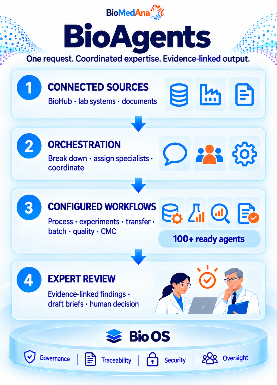 Four-stage BioAgents flow: connected sources, orchestration, configured workflows using 100+ ready agents, and human expert review, supported by BioOS governance