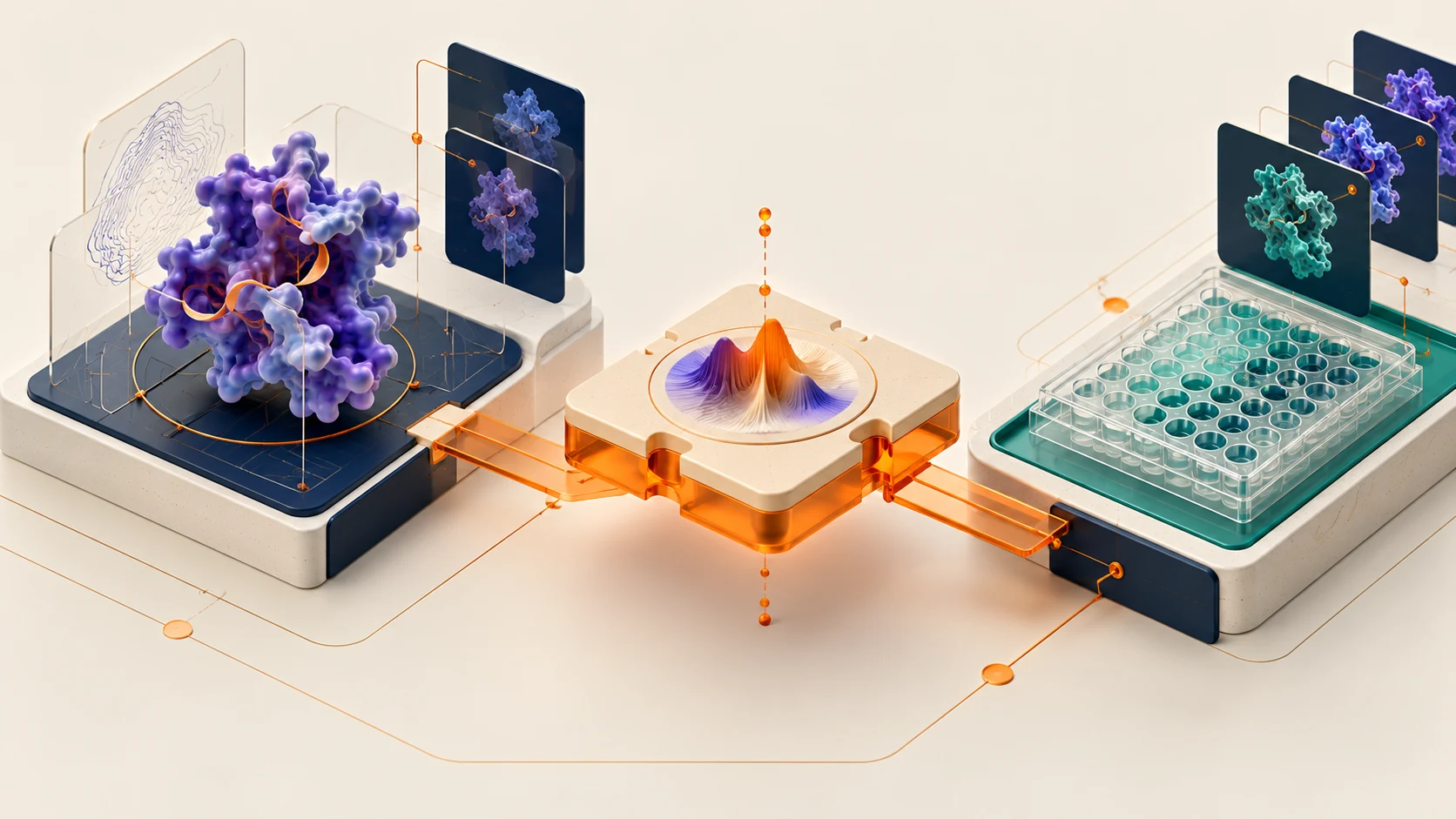 Modular scientific workbench connecting molecular design, a central decision module and an assay plate
