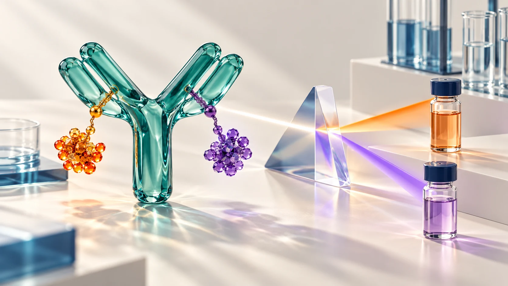 Conceptual teal glass antibody carrying orange and violet payload clusters beside a prism and analytical sample vessels