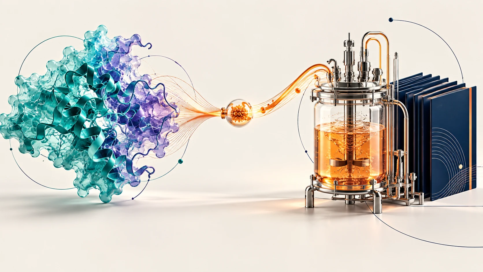 Conceptual illustration of a folded molecule passing an evidence capsule to a bioreactor and scientific records