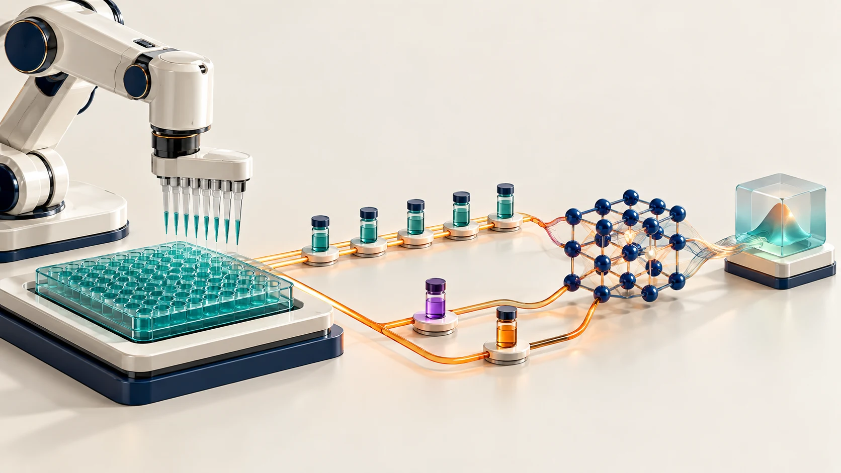 Conceptual robotic pipetting platform comparing repeated teal samples with violet and orange reference samples connected to an evidence lattice