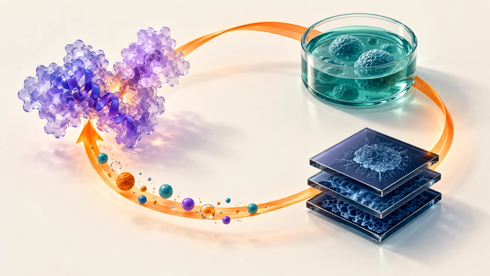 Orange feedback loop connecting a violet protein, teal experimental culture and navy evidence tiles